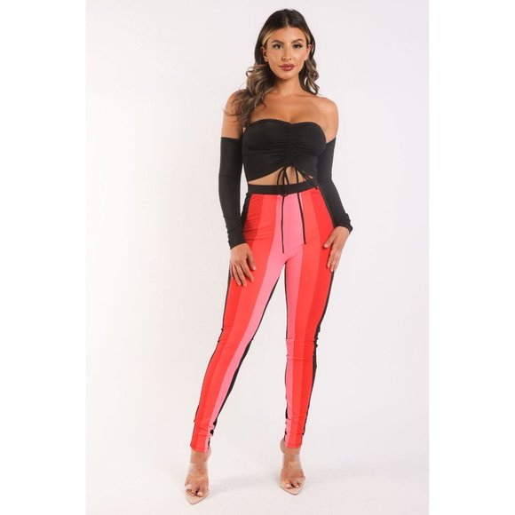 Women's Casual Color Blocked Leggings And Matching Off Shoulder Top Outfit Set - Picture 1 of 12